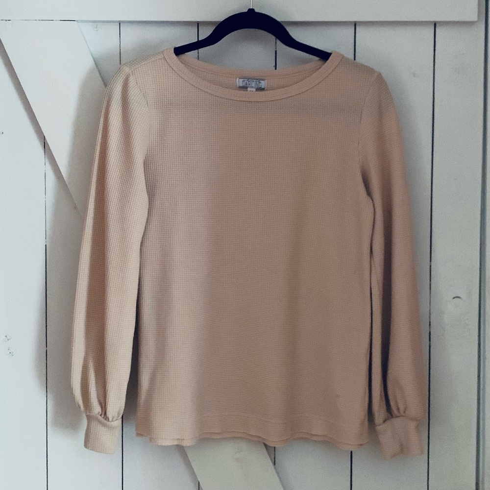 Boho Light Rose Pink Waffle Knit Long Sleeve Shirt Top Raw Hem Distressed